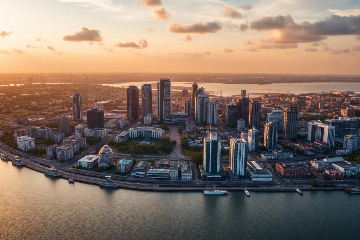 Vue aérienne du quartier du Plateau à Abidjan au coucher du soleil